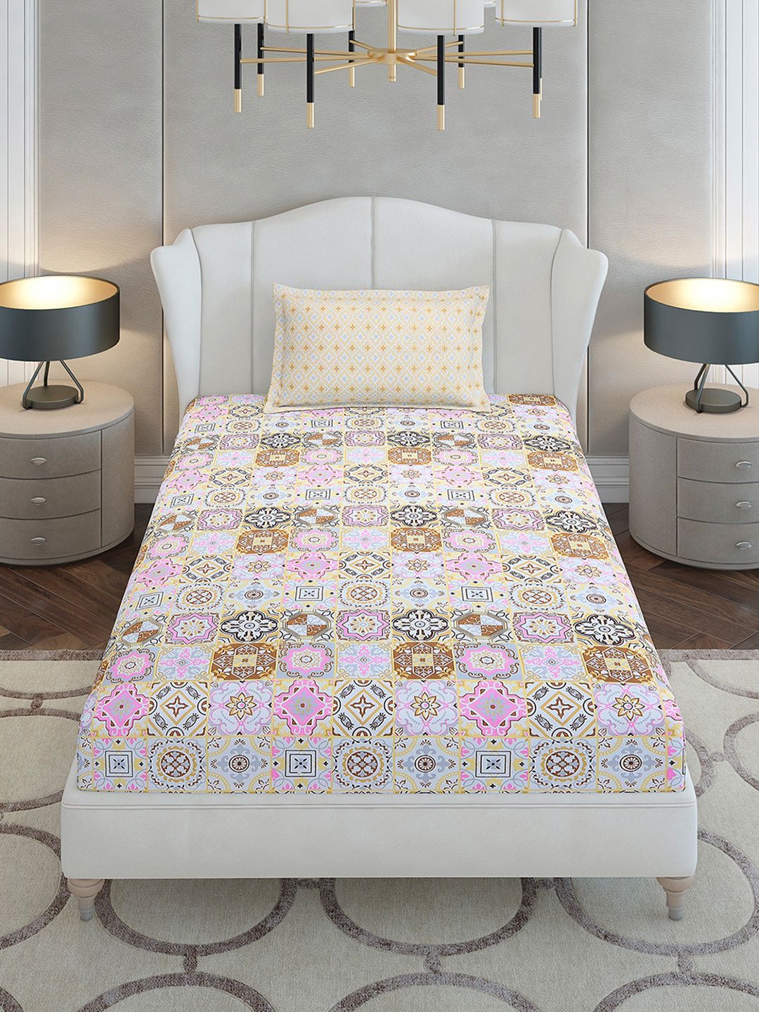 Monte Carlo White Floral Cotton 144 TC Single Bedsheet with 1 Pillow Cover-2.29mx1.52m