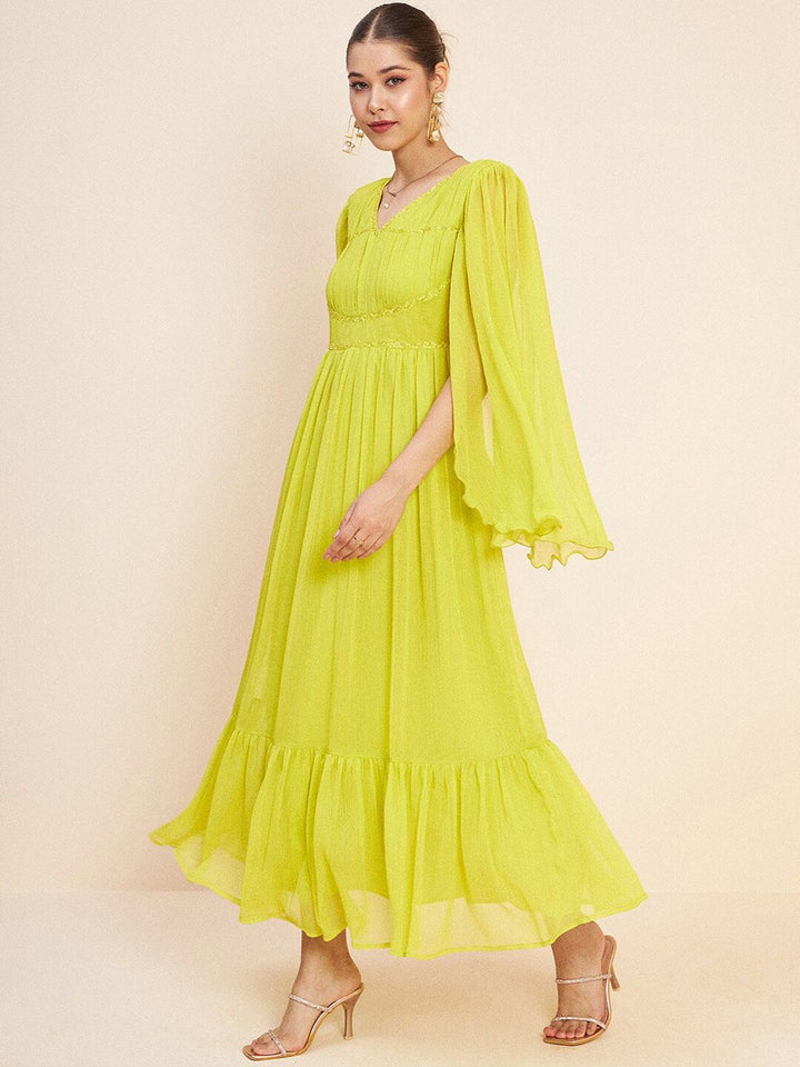Antheaa Green V-Neck Slit Sleeves Embellished Detail Maxi Dress