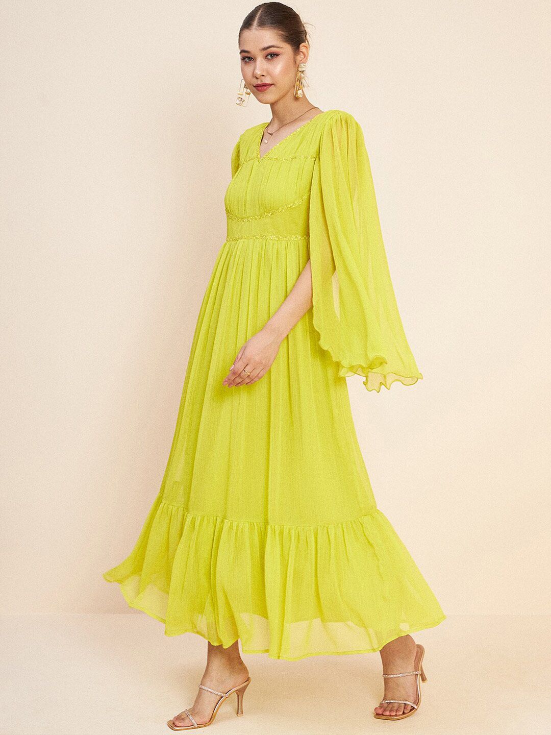 Antheaa Green V-Neck Slit Sleeves Embellished Detail Maxi Dress