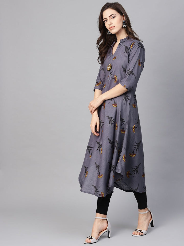 SOJANYA Kurta Bercetak A-Line Wanita Kelabu & Hitam