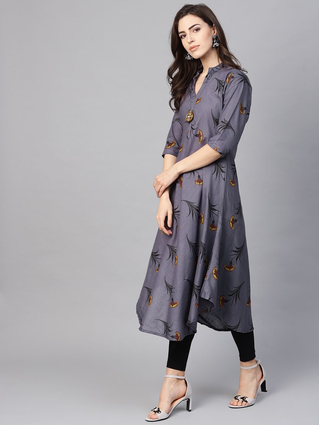 SOJANYA Kurta Bercetak A-Line Wanita Kelabu & Hitam