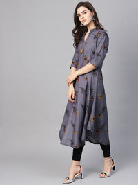 SOJANYA Kurta Bercetak A-Line Wanita Kelabu & Hitam