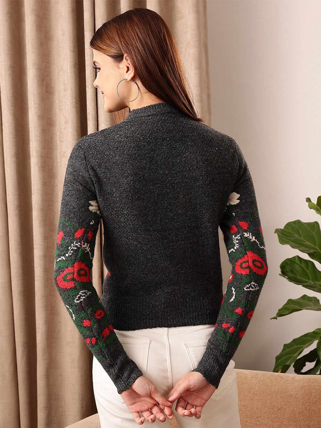 STREET 9 Black & Red Floral Self Design Pullover