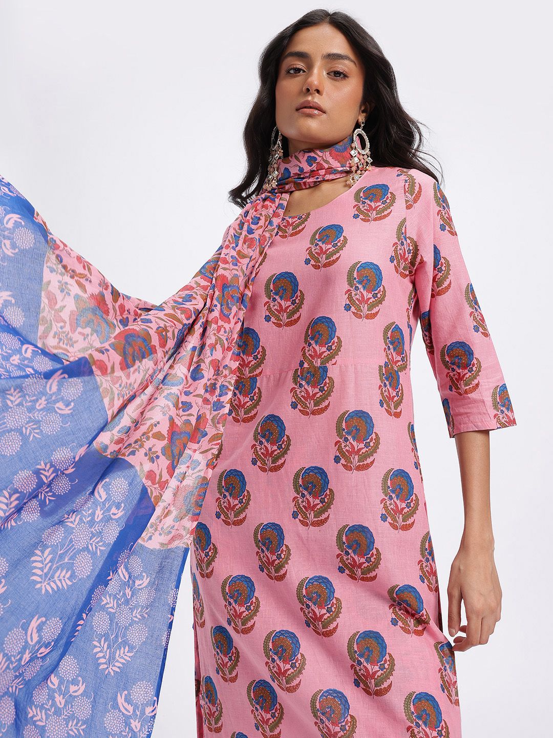 Anouk Floral Printed Pure Cotton Kurta with Trousers & Dupatta