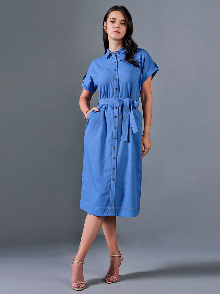 AND Shirt Collar Tie-Ups Midi Dress