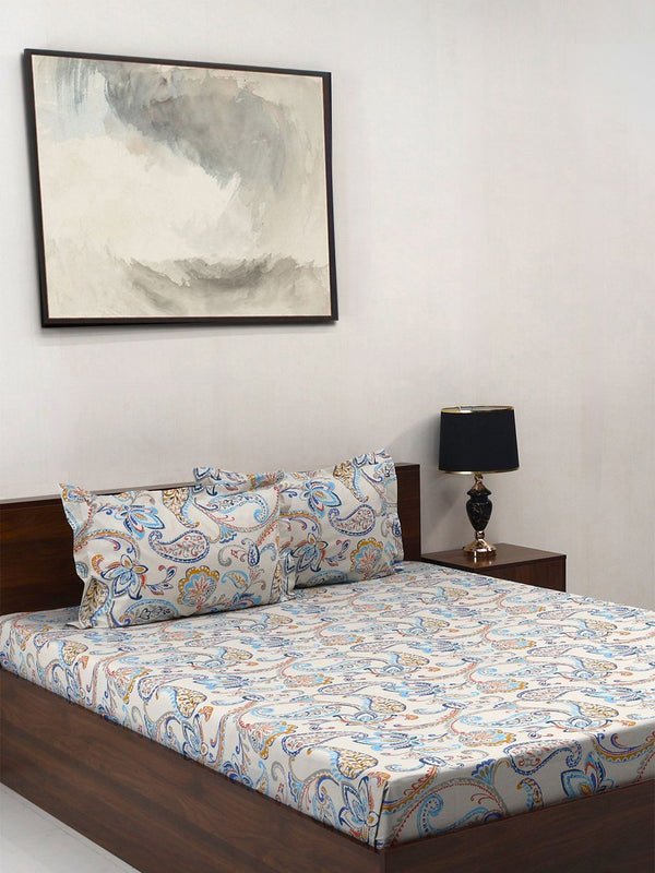 BOMBAY DYEING Turquoise Blue Floral Cotton 140 TC Queen Bedsheet Set-2.28 m X 2.54 m