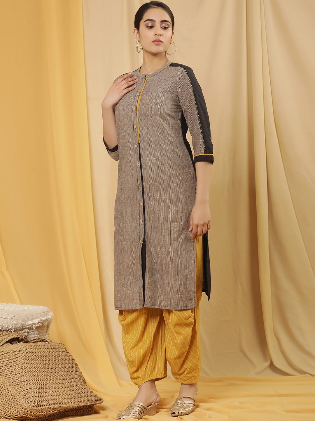 W Striped Regular Thread Work Pure Cotton Kurta with Salwar