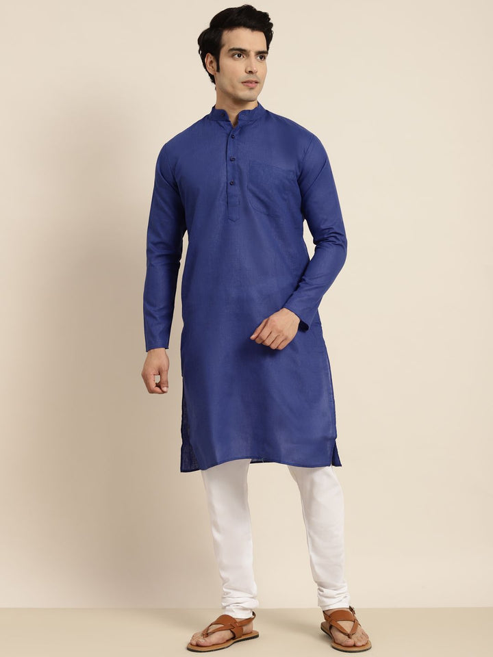 Anug by SOJANYA Men Blue Dobby Band Collar Kurta