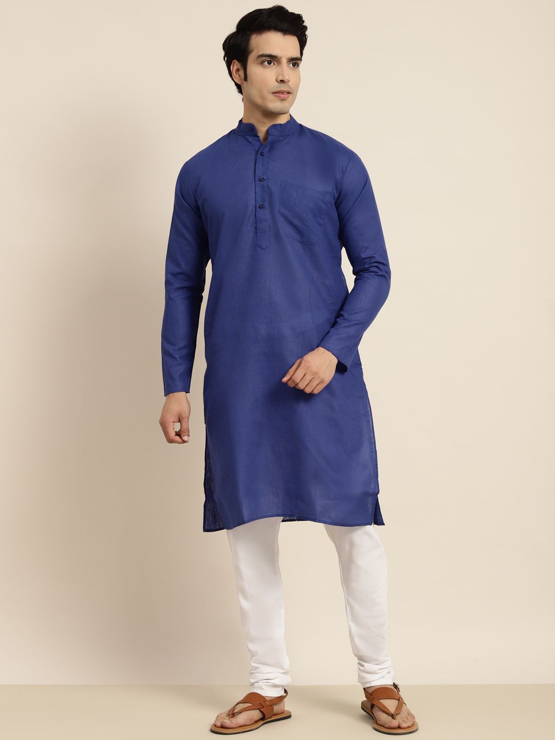 Anug by SOJANYA Men Blue Dobby Band Collar Kurta