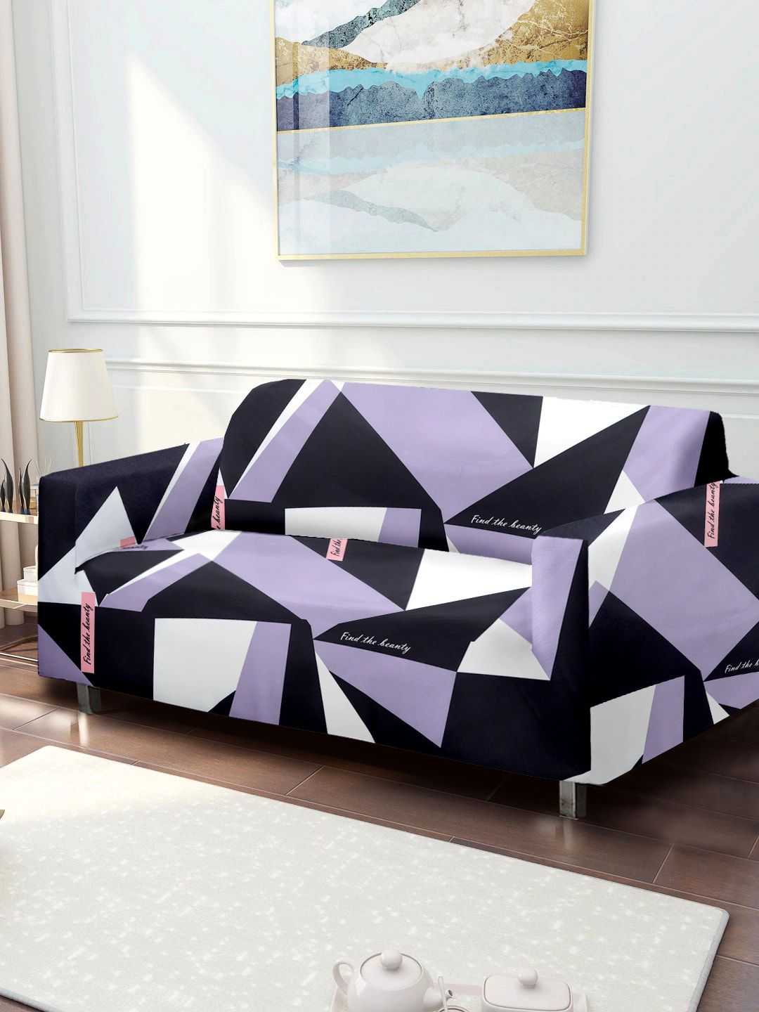 Cortina Black & Grey Printed 2-Seater Stretchable Non-Slip Sofa Slipcover