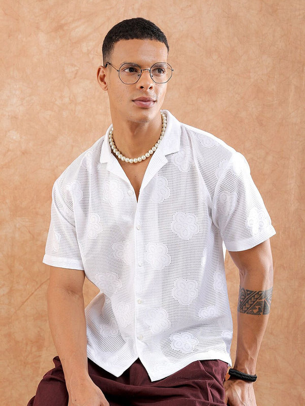 The Indian Garage Co Men Relaxed Fit Solid Warp Knit Lace Resortwear Shirt