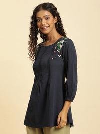 W Blue & Pink Vertical Striped Embroidered Pure Cotton Top