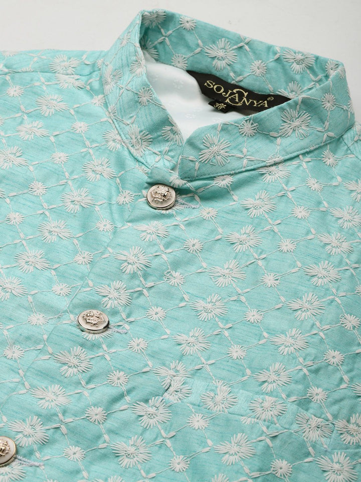 SOJANYA Men Turquoise Blue Thread Work Kurta with Churidar & Nehru Jacket