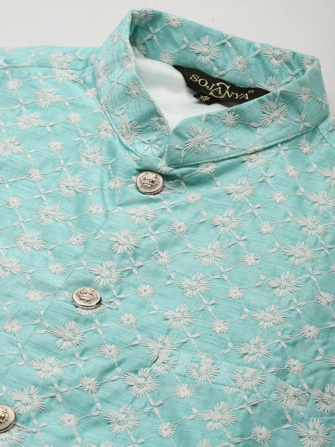 SOJANYA Men Turquoise Blue Thread Work Kurta with Churidar & Nehru Jacket
