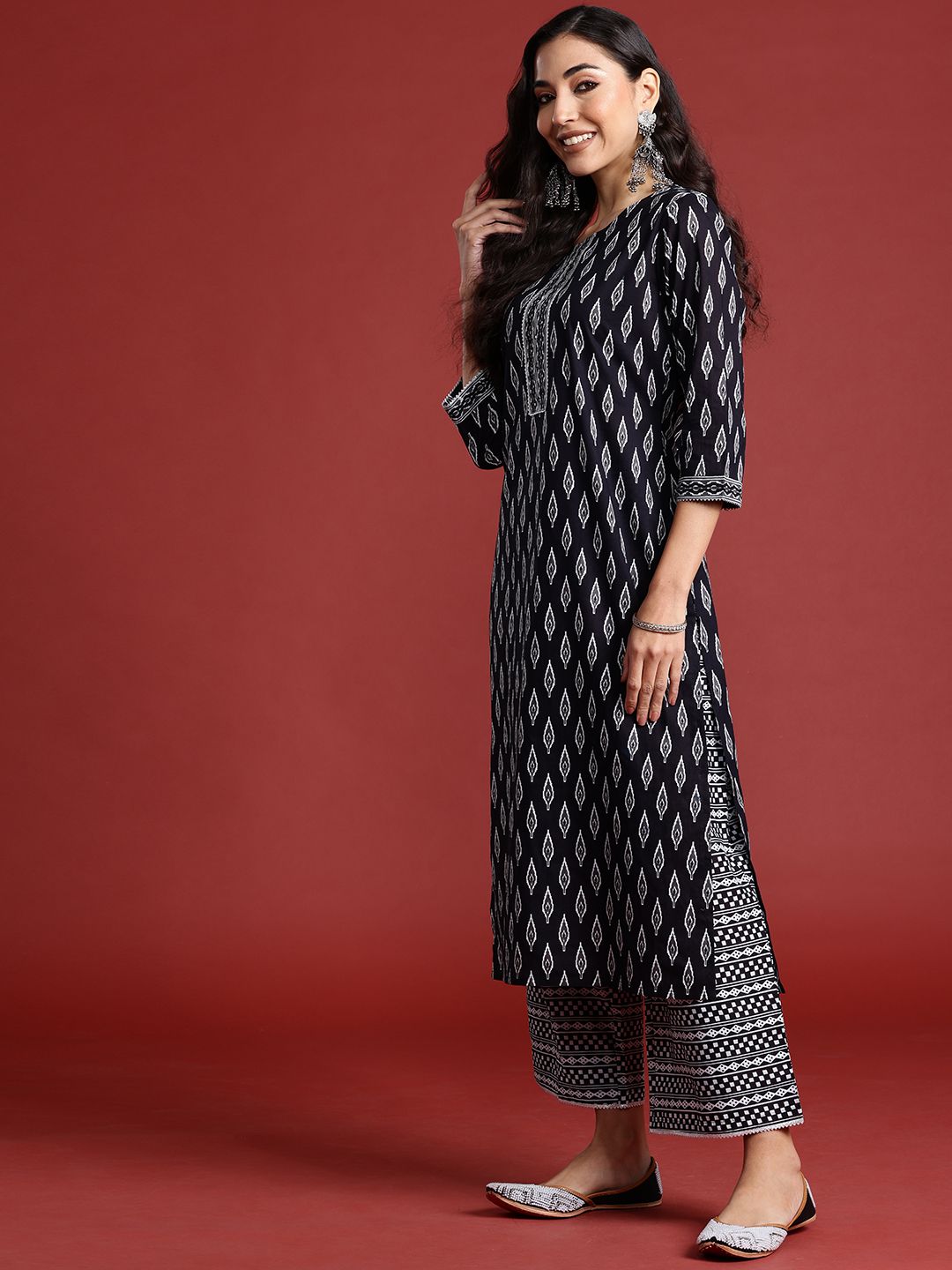 Indo Era Printed Mirror Work Pure Cotton Kurta With Palazzos & Dupatta