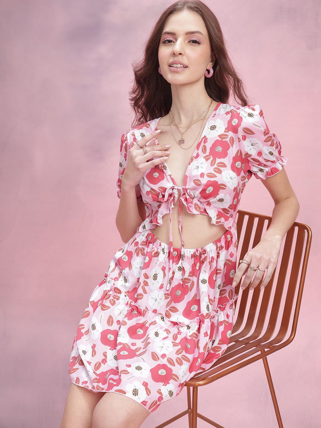DressBerry Floral Print Cut-Out Detail Ruffled A-Line Mini Dress