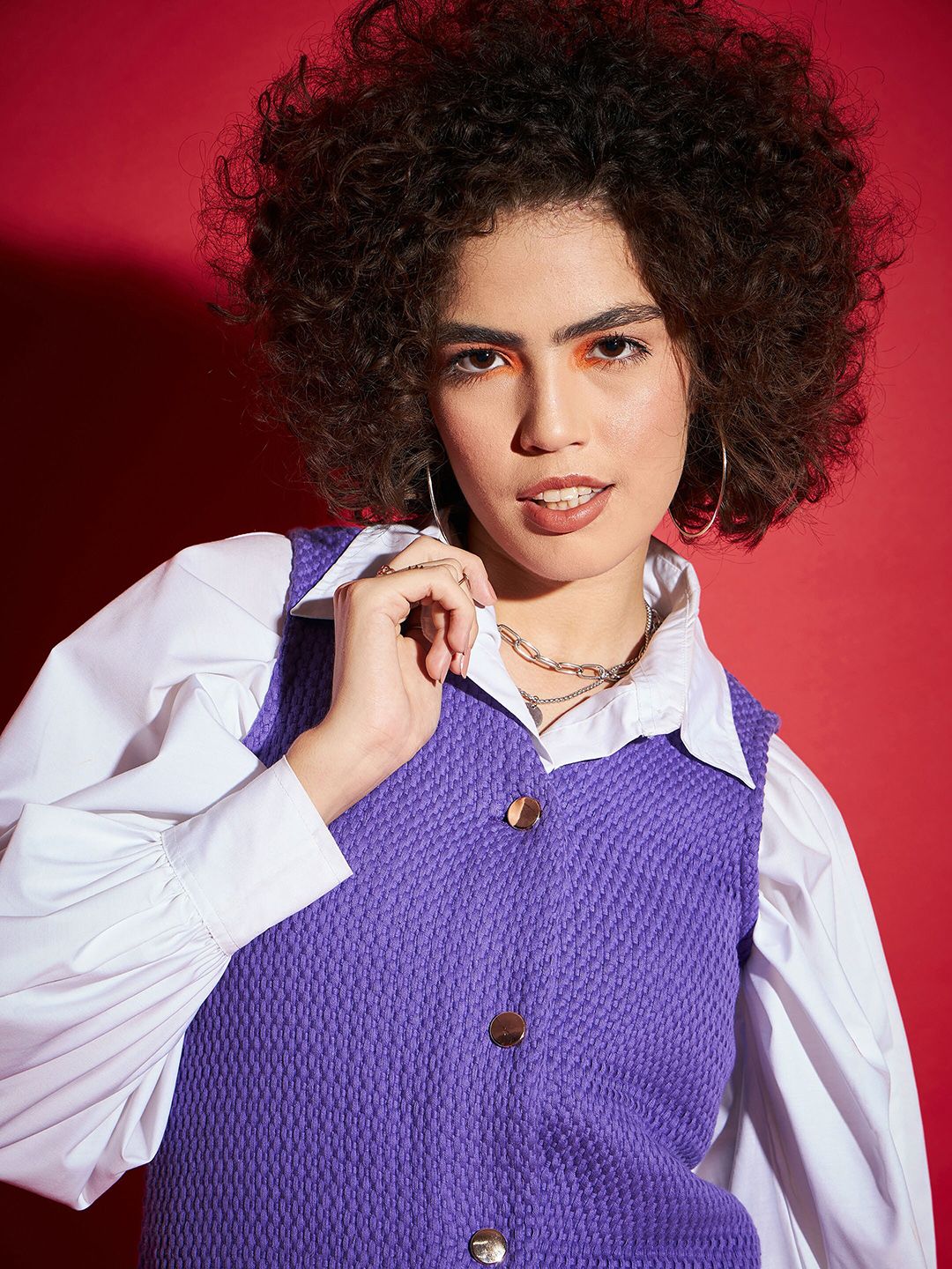 SASSAFRAS Purple Puff Sleeves Shirt Style Mini Dress