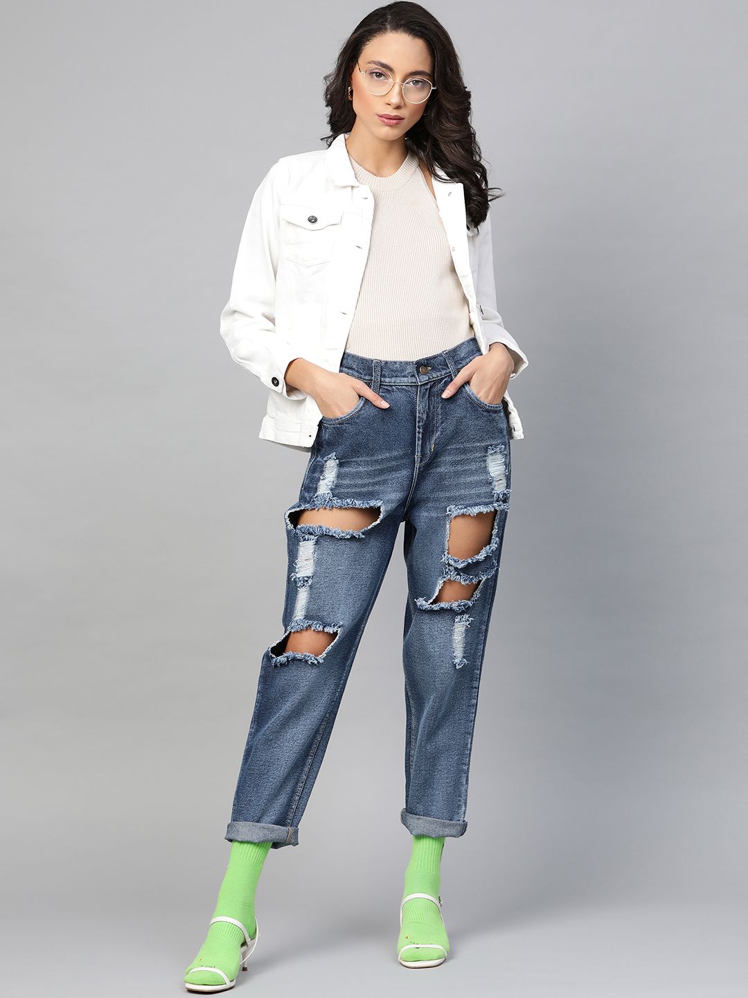 SASSAFRAS Women Blue Cotton Relaxed Fit High-Rise Highly Distressed Stretchable Crop Jeans