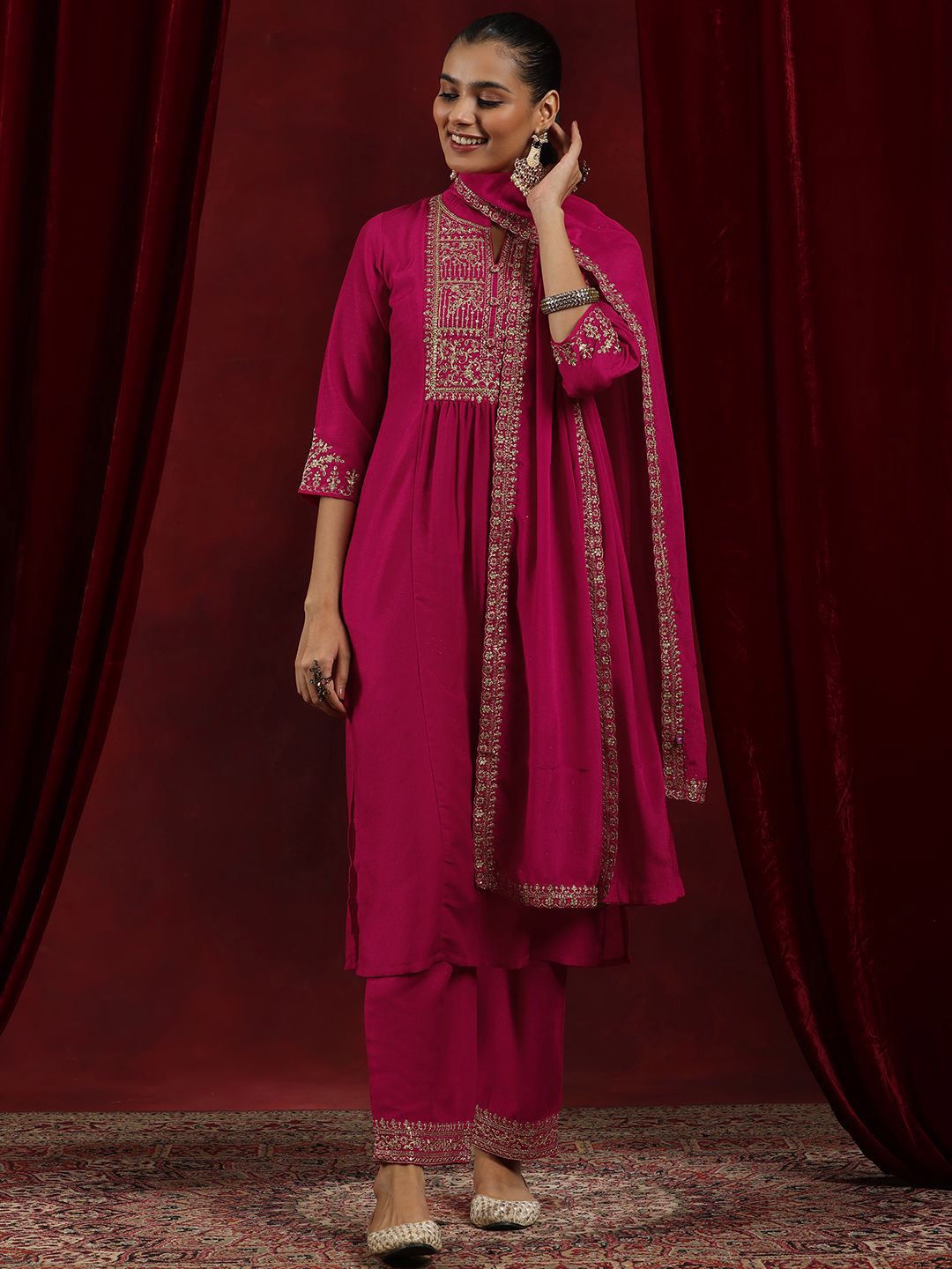 Libas Pink Floral Yoke Design Mandarin Collar Dobby Weave Kurta with Trousers & Dupatta