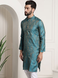 Sojanya Men Teal Blue & Golden Ethnic Motifs Jacquard Kurta