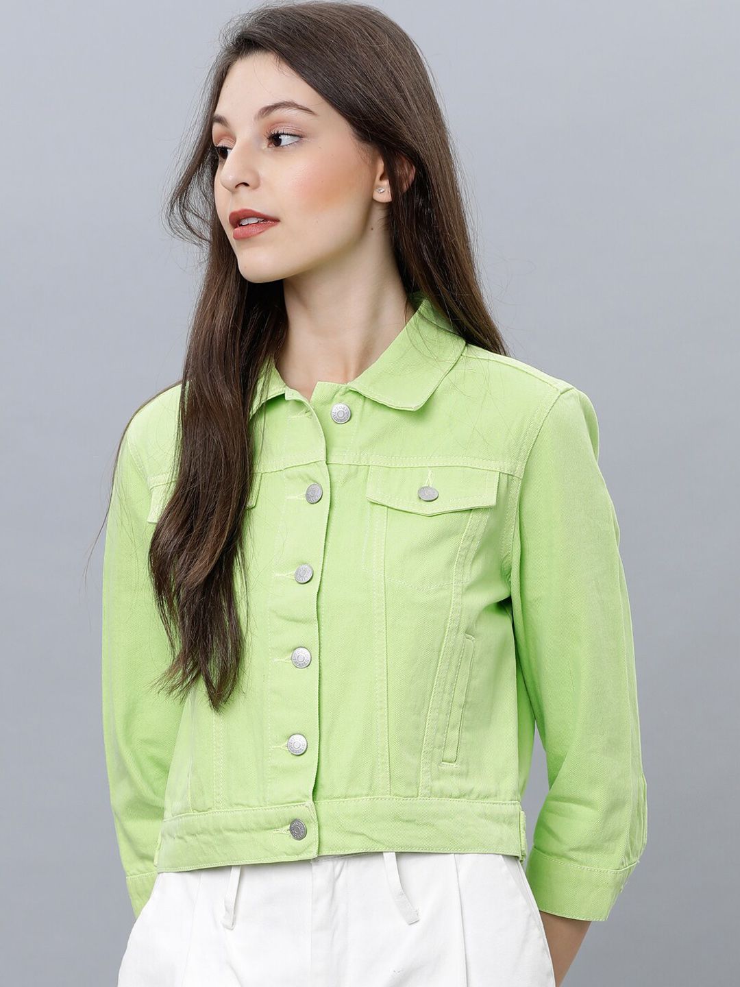 Tokyo Talkies Women Green Solid Denim Jacket