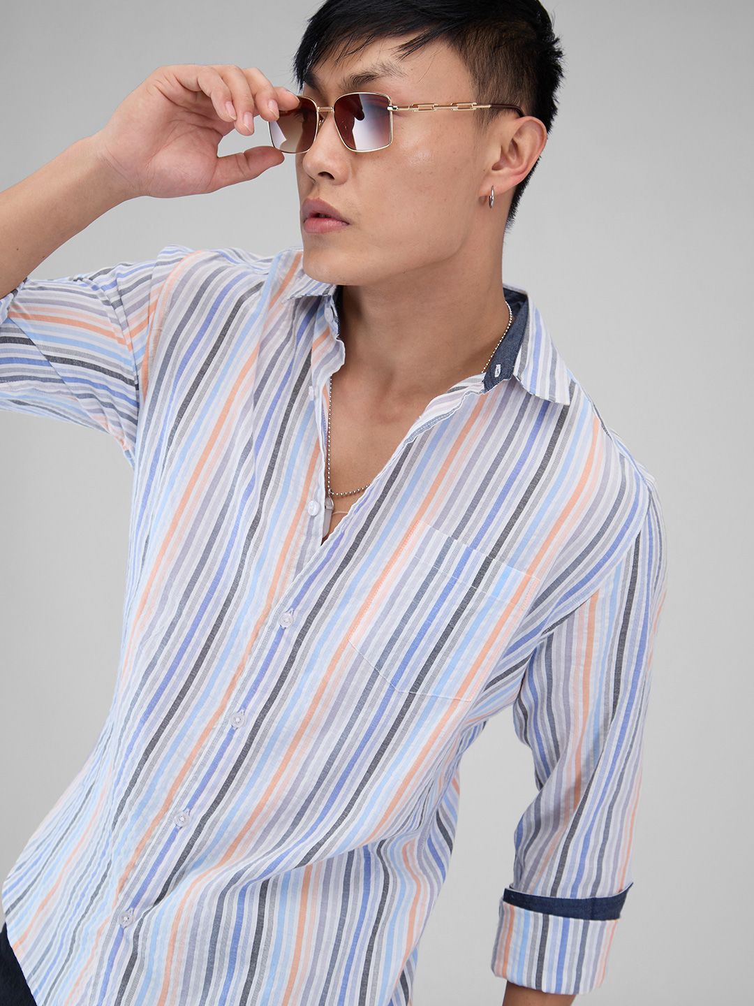 VASTRADO Men Classic Cutaway Collar Vertical Striped Cotton Slim Fit Casual Shirt