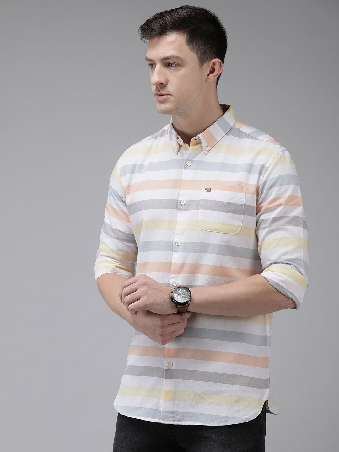 THE BEAR HOUSE Men White & Grey Pure Cotton Slim Fit Striped Casual Shirt