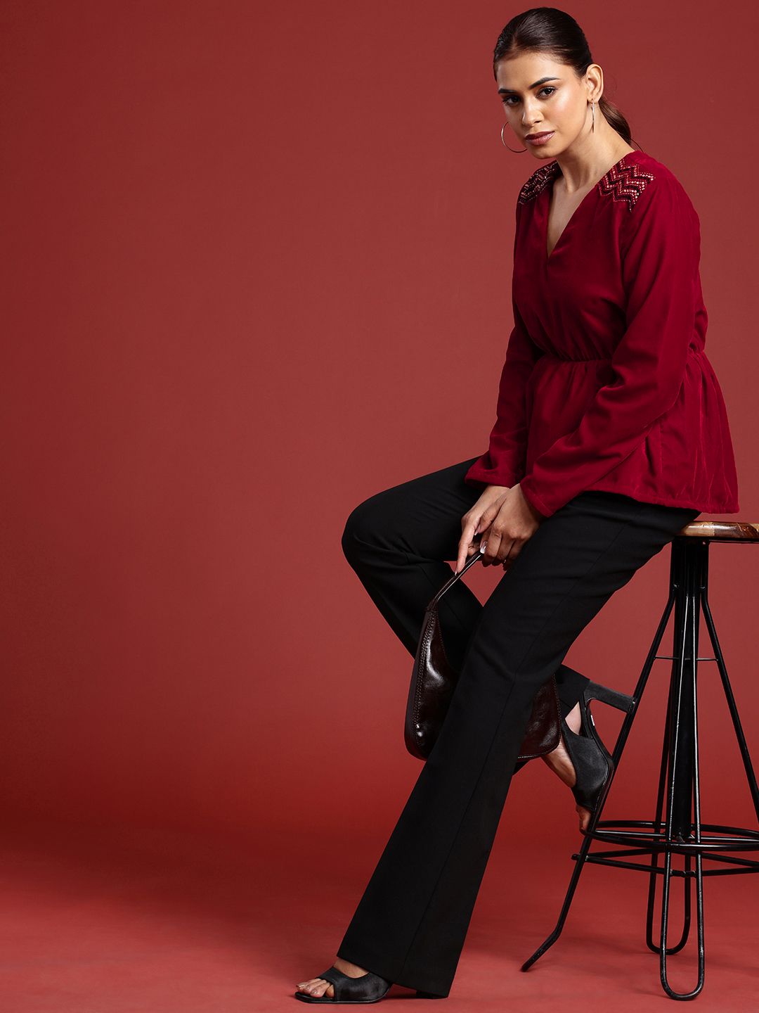 all about you Sequined Detail V-Neck Velvet Top