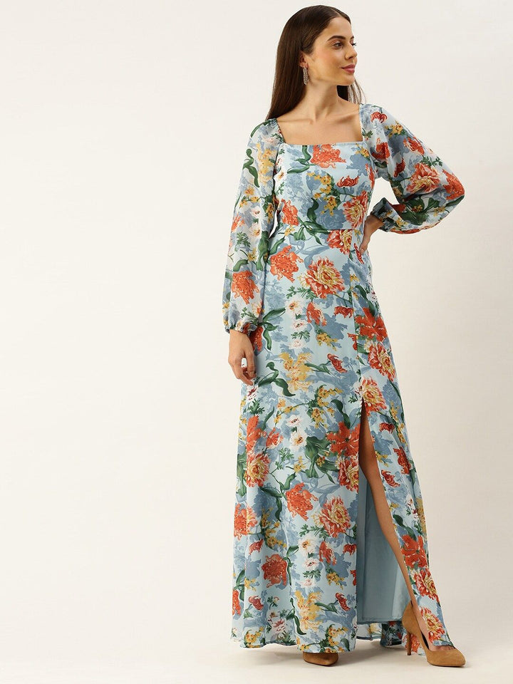Berrylush Women Blue & Orange Printed Maxi Dress with High Slit Detail