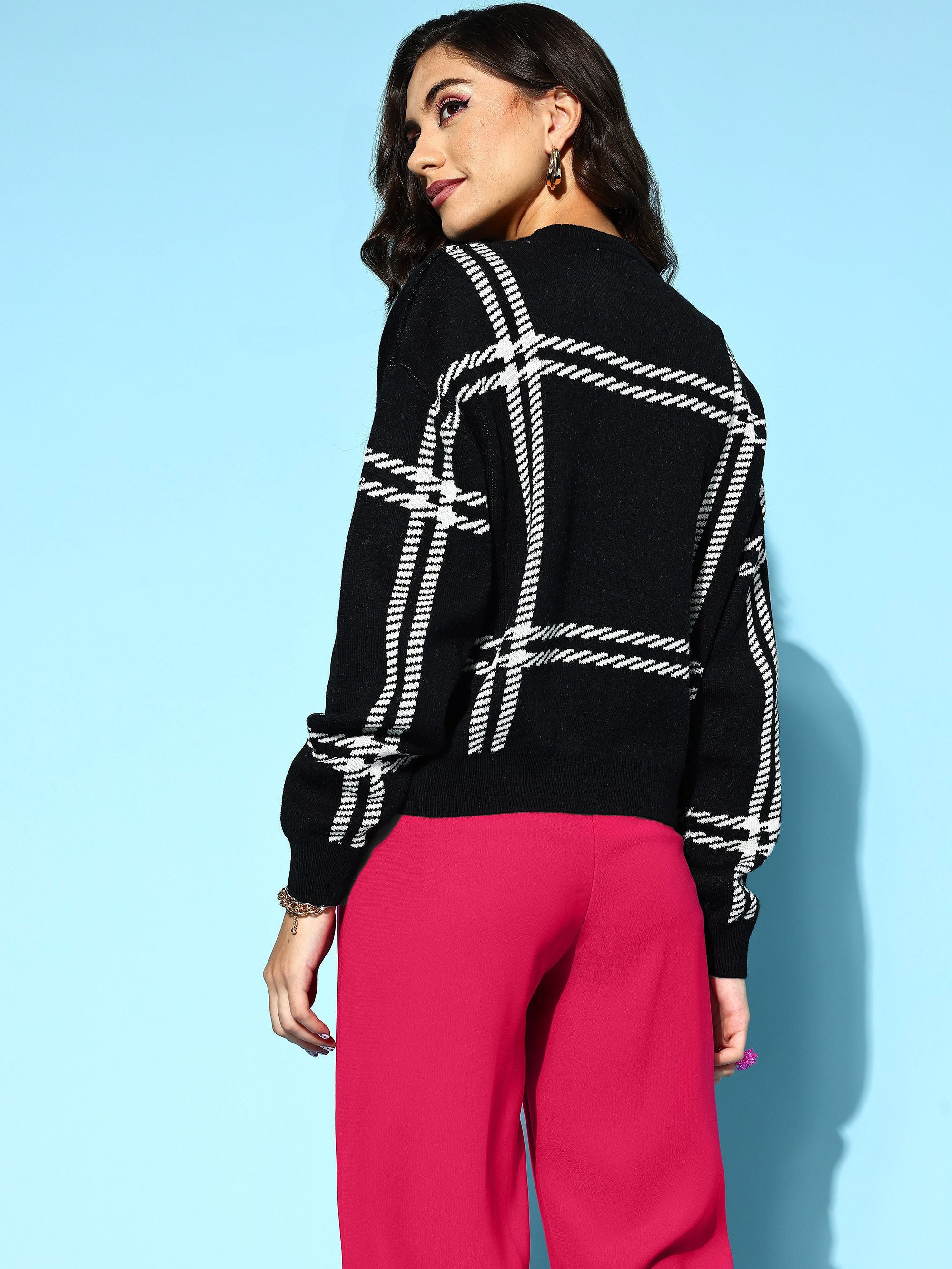 Berrylush Women Classy Black Checked Knits Bits Sweater