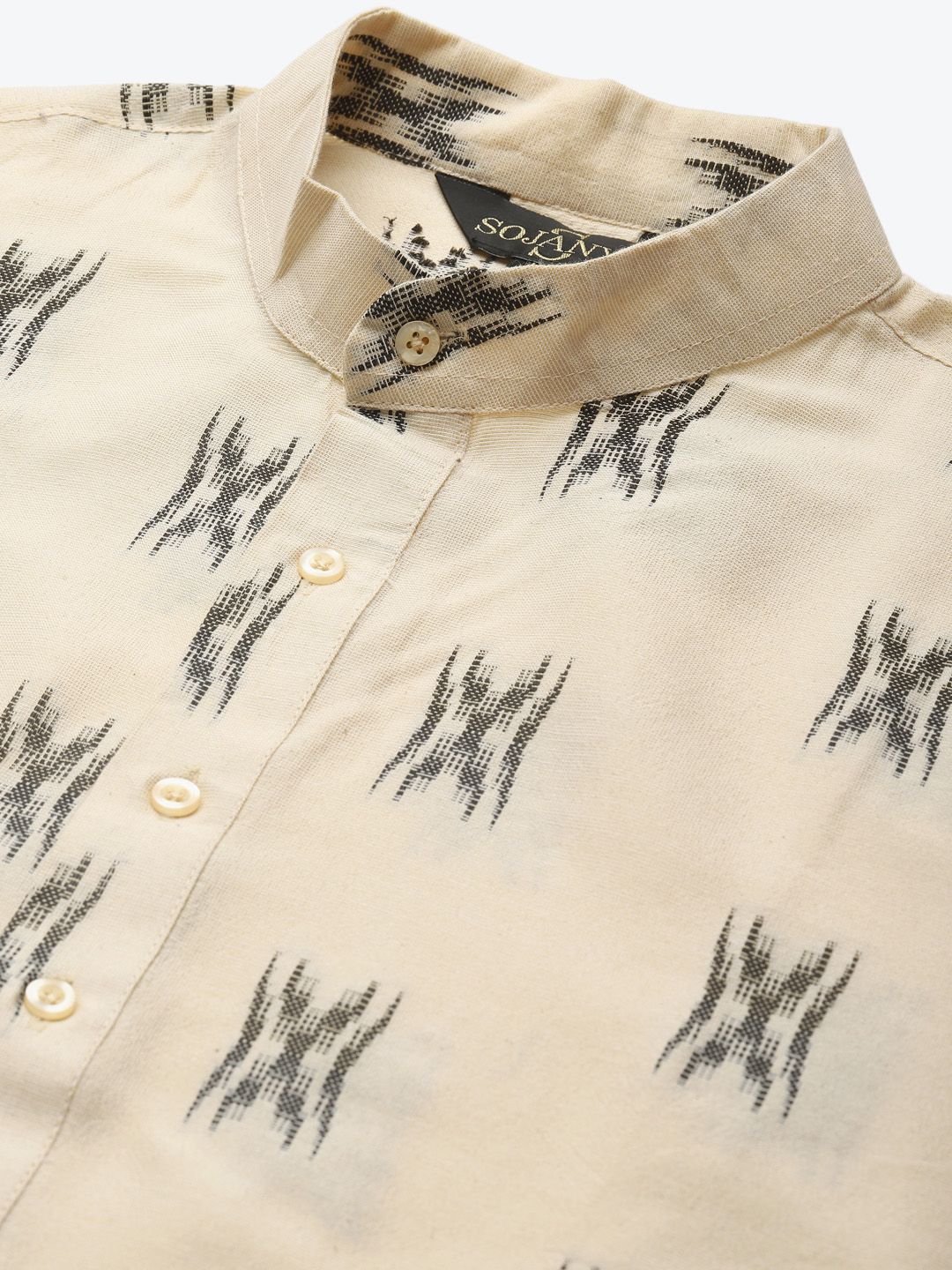 Sojanya Men Beige & Black Ikat Woven Design Pure Cotton Kurta