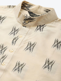 Sojanya Men Beige & Black Ikat Woven Design Pure Cotton Kurta