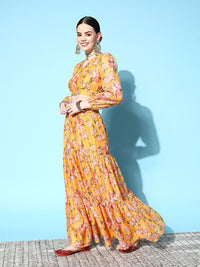 Shae by SASSAFRAS Women Yellow & Green Printed Ready to Wear Lehenga Choli