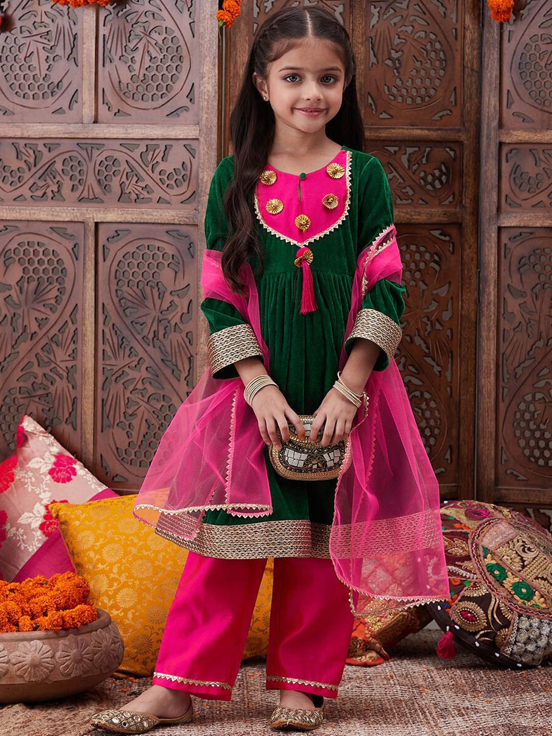 pspeaches Girls Ethnic Motifs Yoke Design Gotta Patti A-Line Kurta With Trouser & Dupatta
