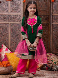 pspeaches Girls Ethnic Motifs Yoke Design Gotta Patti A-Line Kurta With Trouser & Dupatta