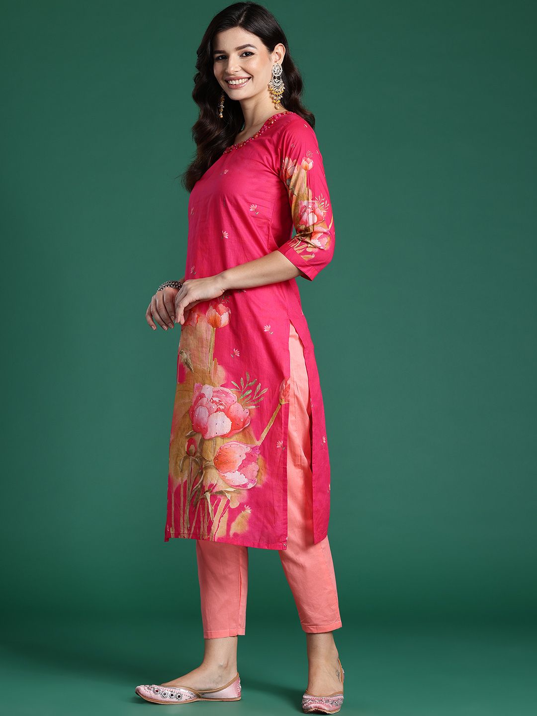 Indo Era Floral Printed Beads & Stones Pure Cotton Kurta With Trousers & Dupatta