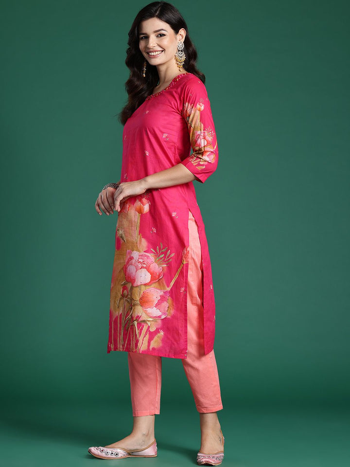 Indo Era Floral Printed Beads & Stones Pure Cotton Kurta With Trousers & Dupatta
