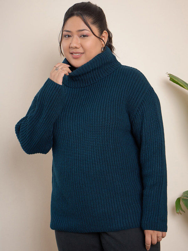 CURVY STREET Plus Size Ribbed Turtle Neck Acrylic Pullover