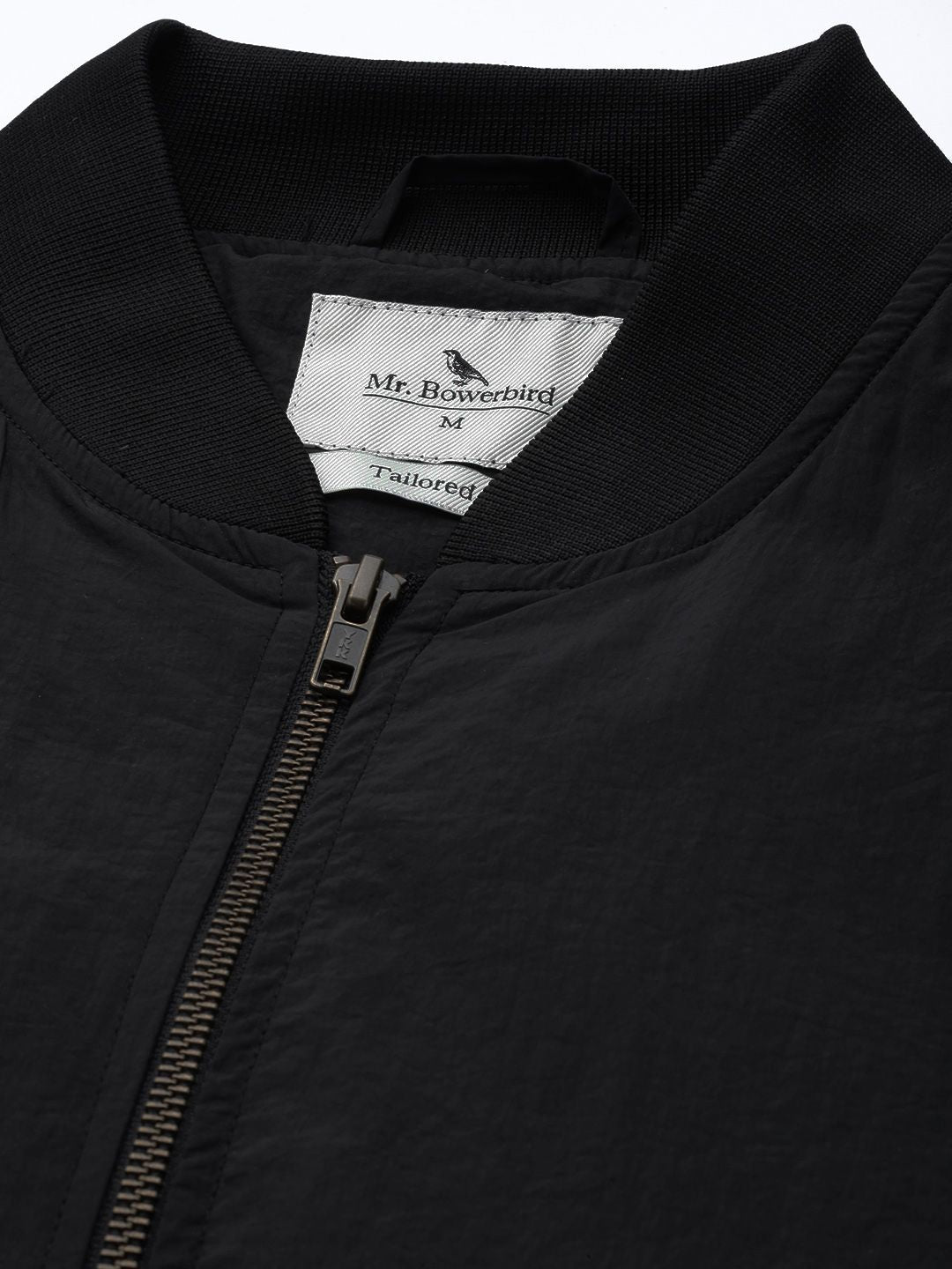 Mr Bowerbird Men Black Solid Lightweight Mandarin Collar Bomber Jacket