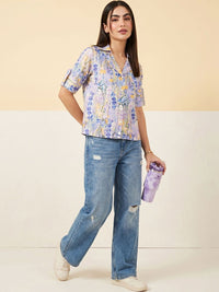 Mamicha Floral Print Roll-Up Sleeves Shirt Style Top