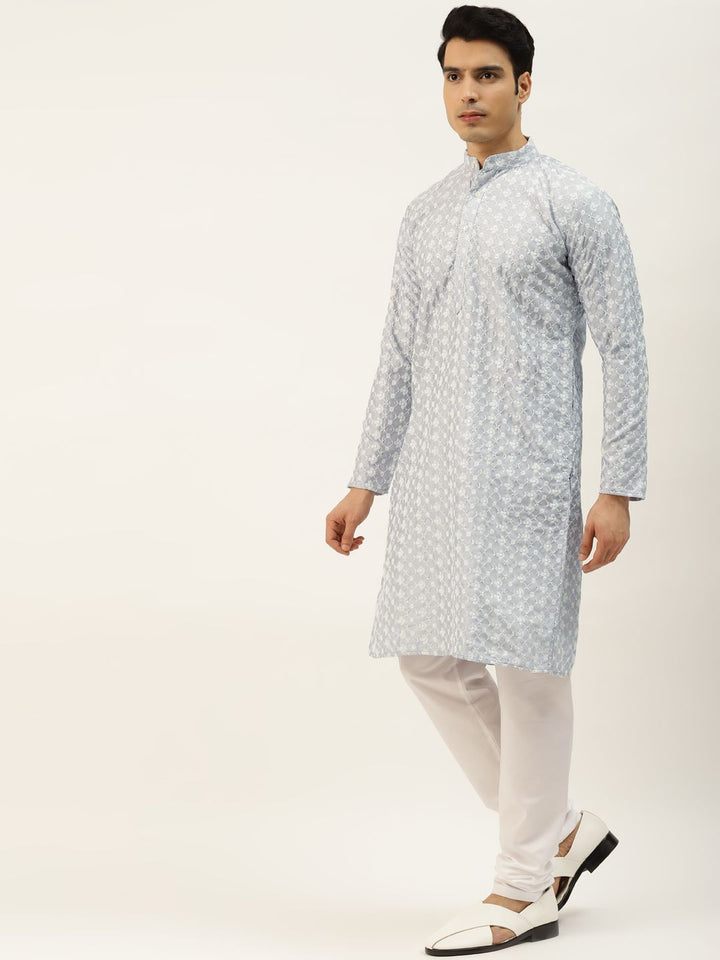 SOJANYA Men Grey Chikankari Embroidered Kurta with Churidar & Nehru Jacket