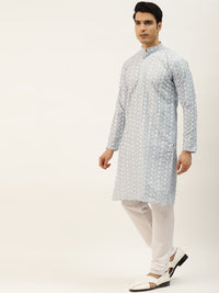 SOJANYA Kurta Bersulam Chikankari Kelabu Lelaki dengan Jaket Churidar & Nehru