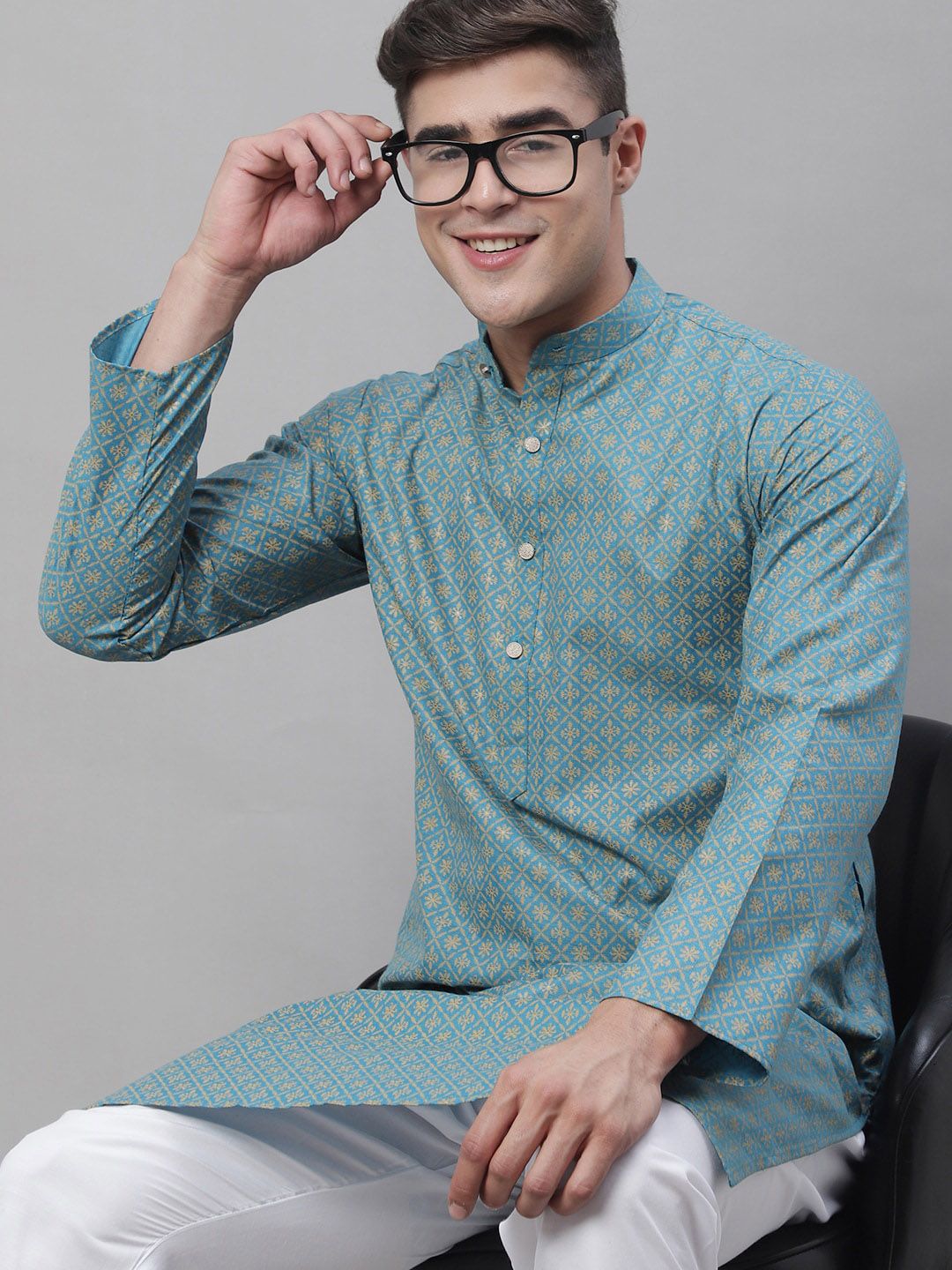 SOJANYA Floral Printed Mandarin Collar Cotton Linen Kurta