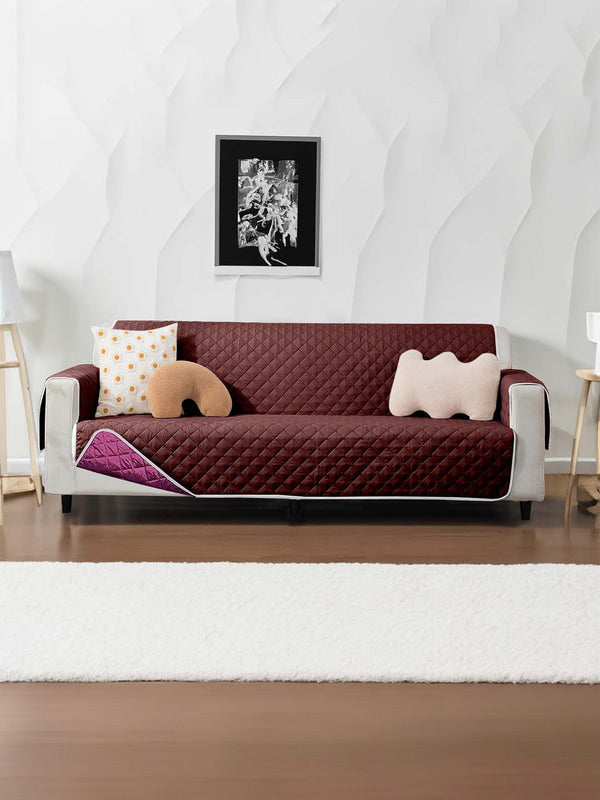 Cortina Purple & Brown Quilted Three Seater Reversible Sofa Cover With Arms