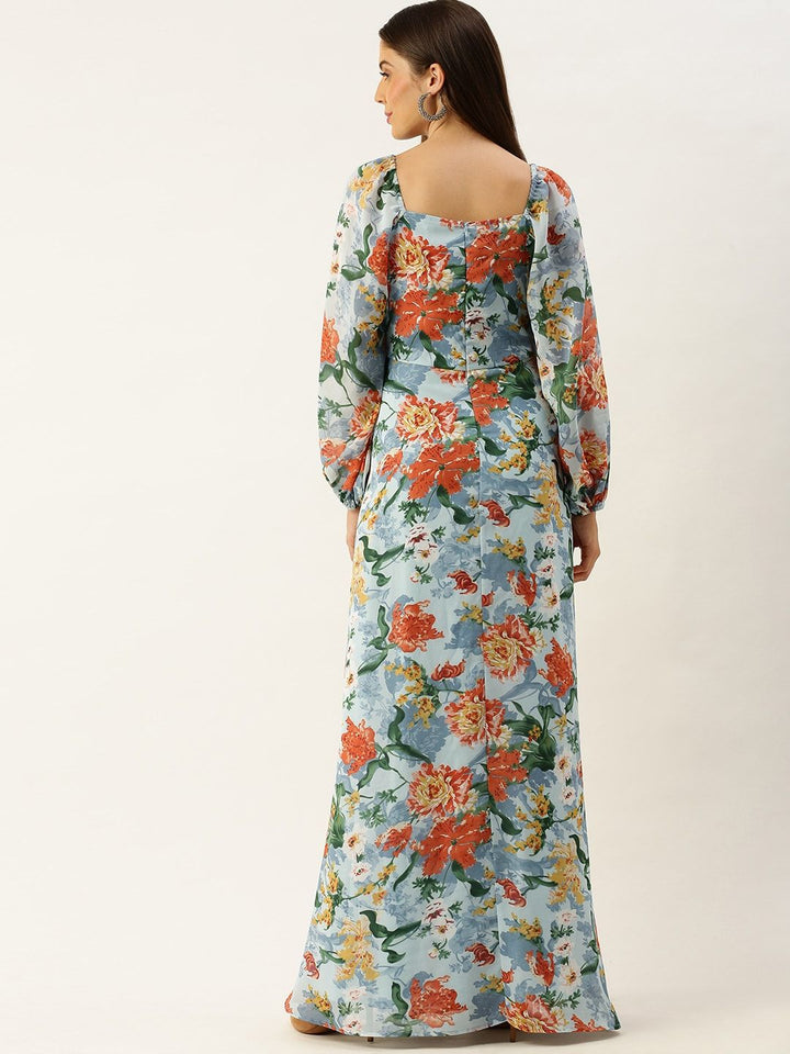 Berrylush Women Blue & Orange Printed Maxi Dress with High Slit Detail