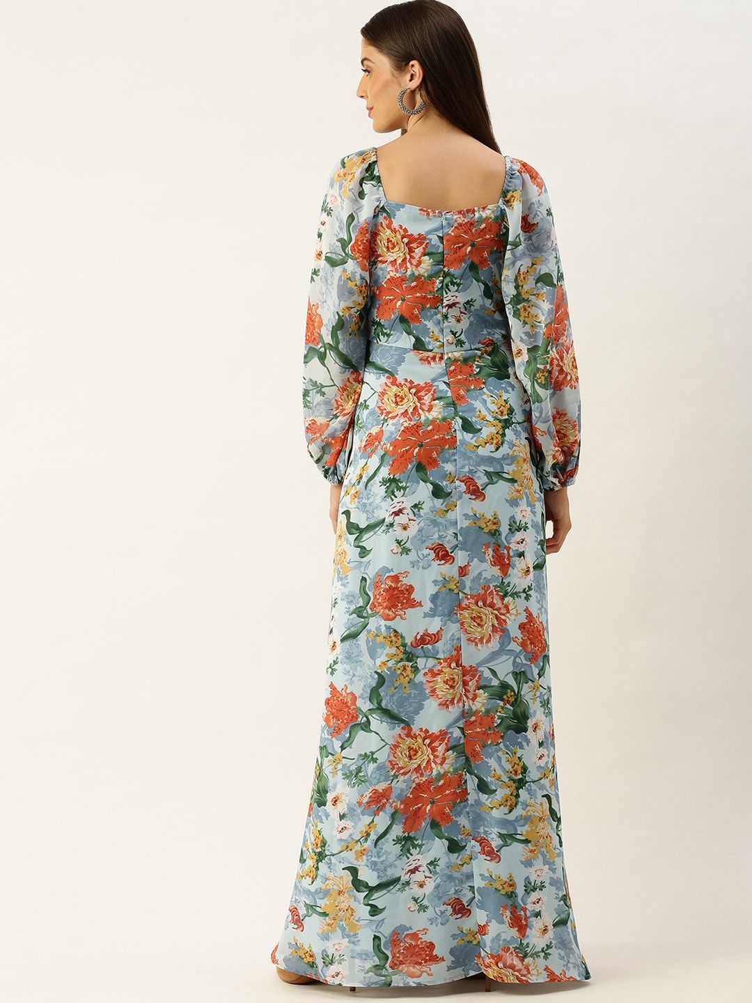 Berrylush Women Blue & Orange Printed Maxi Dress with High Slit Detail