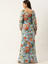 Berrylush Women Blue & Orange Printed Maxi Dress with High Slit Detail