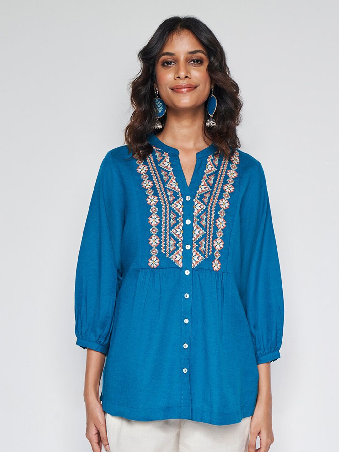 Global Desi Geometric Embroidered Mandarin Collar Cuffed Sleeves Shirt Style Top