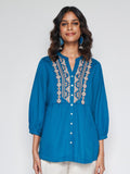 Global Desi Geometric Embroidered Mandarin Collar Cuffed Sleeves Shirt Style Top