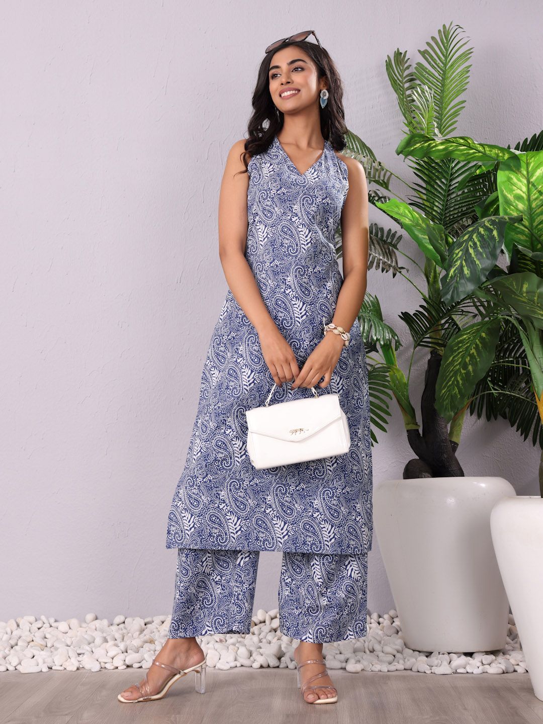 Varanga Paisley Printed V-Neck Pure Cotton Straight Kurta With Palazzo